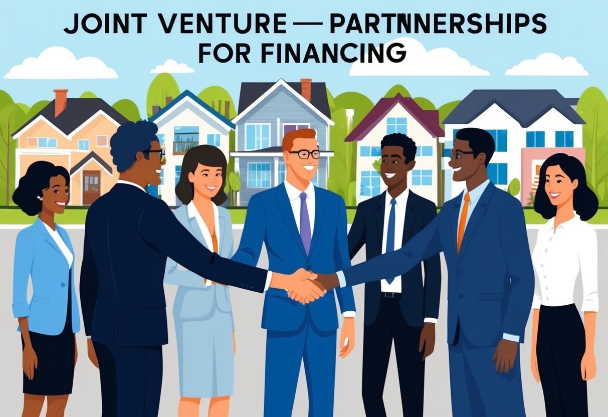 A group of diverse individuals shaking hands in front of a backdrop of various real estate properties, symbolizing joint venture partnerships for financing