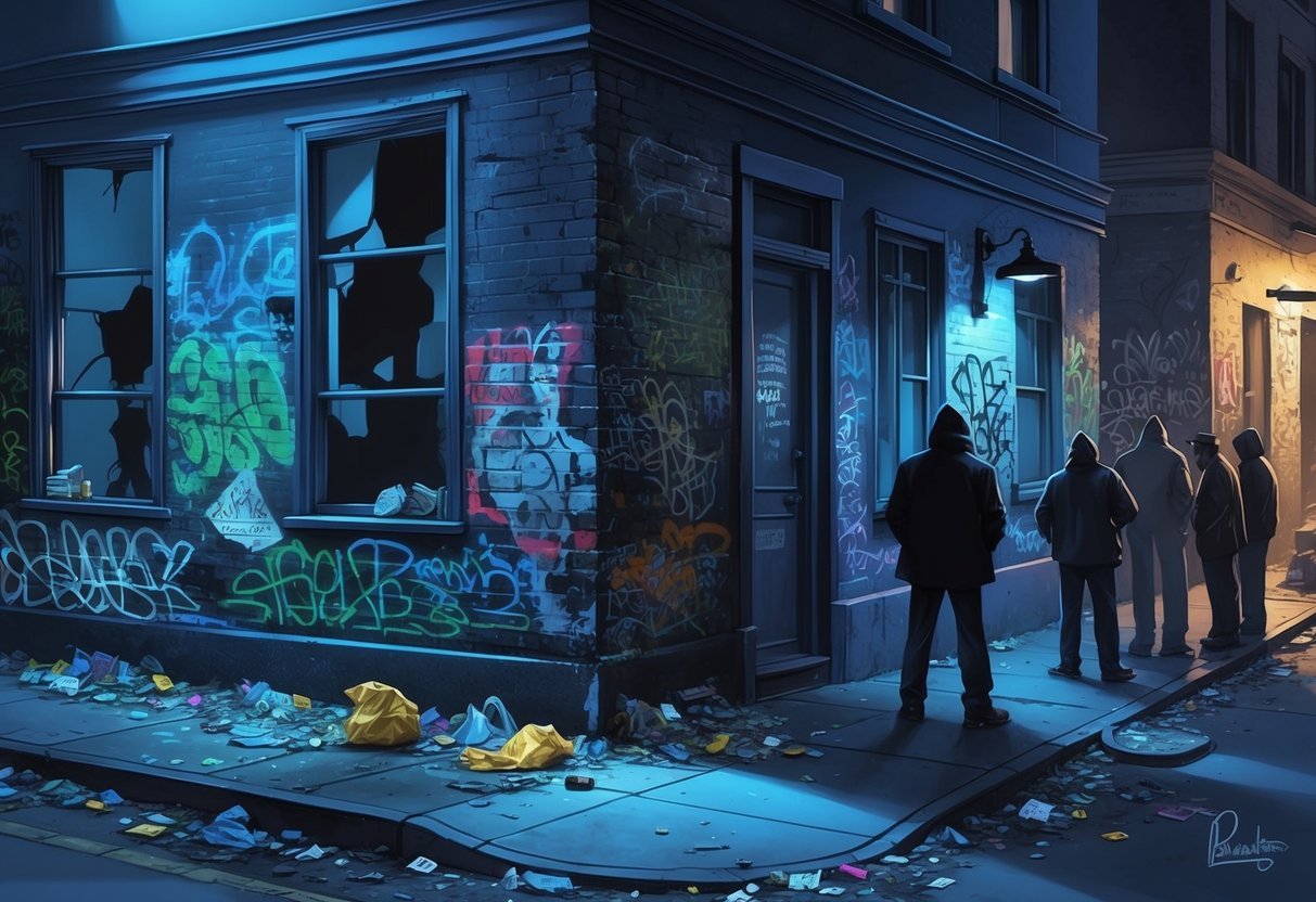 A dimly lit street corner with broken windows and graffiti-covered walls.</p><p>Trash litters the sidewalk while a group of shady figures lurk in the shadows