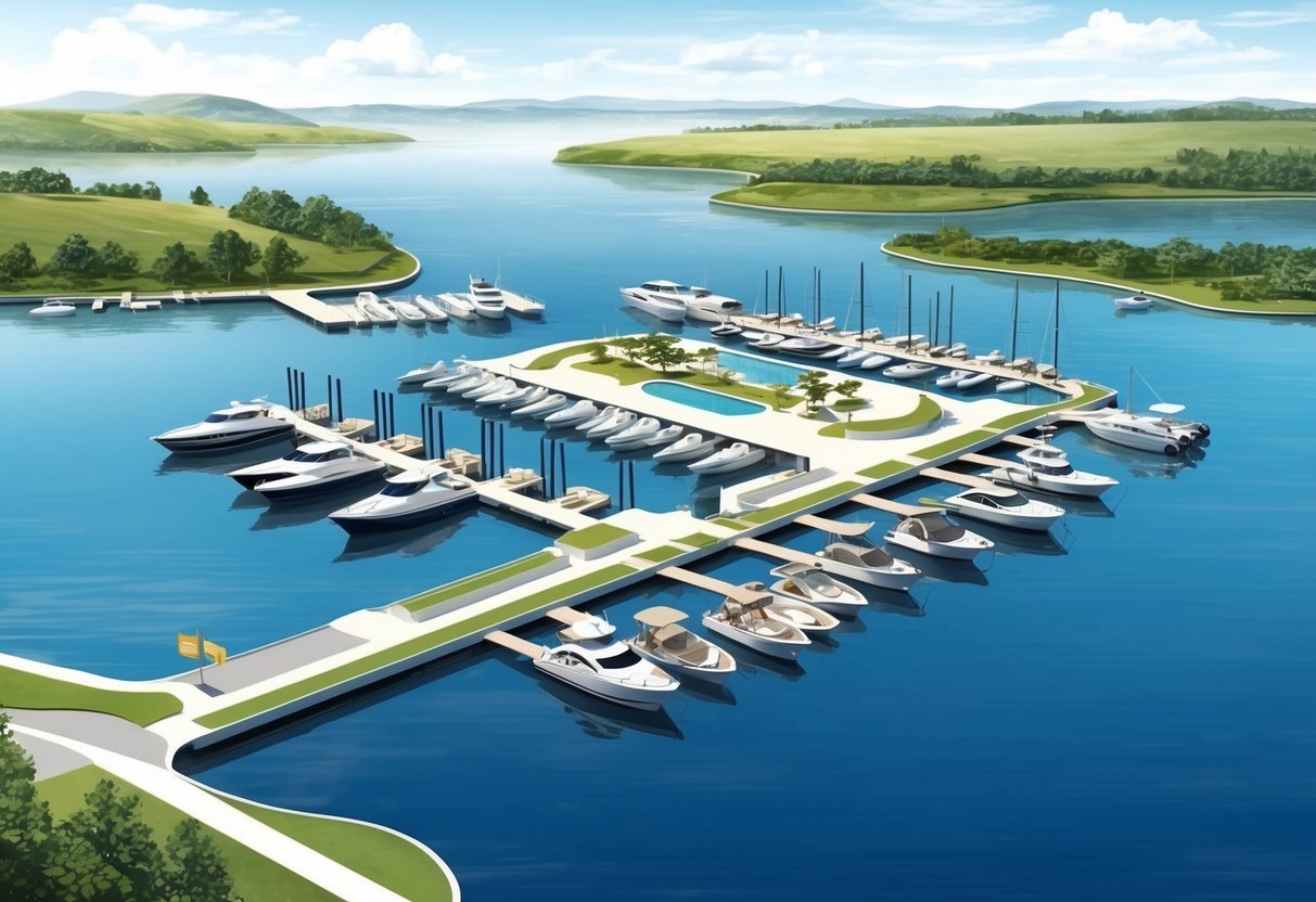 A serene marina with boats docked, surrounded by calm waters and a picturesque landscape.</p><p>The marina features modern amenities and facilities, with clear signage and well-maintained infrastructure