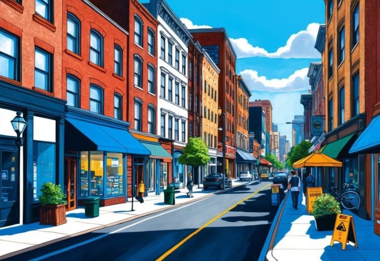 Street view of buildings with shops, cars, and people walking