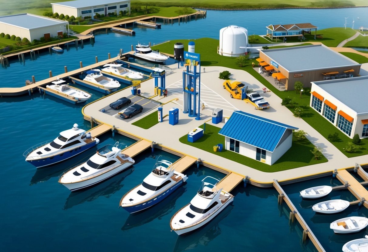 A bustling marina with boats docked, fueling station, maintenance area, and amenities like a restaurant and shops.</p><p>Surrounding landscape includes water, docks, and buildings