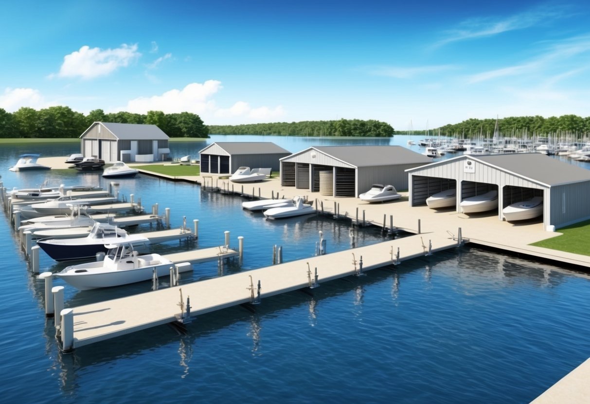 A marina with various types of boat storage options, including wet slips, dry storage racks, and covered sheds, surrounded by calm waters and a clear blue sky