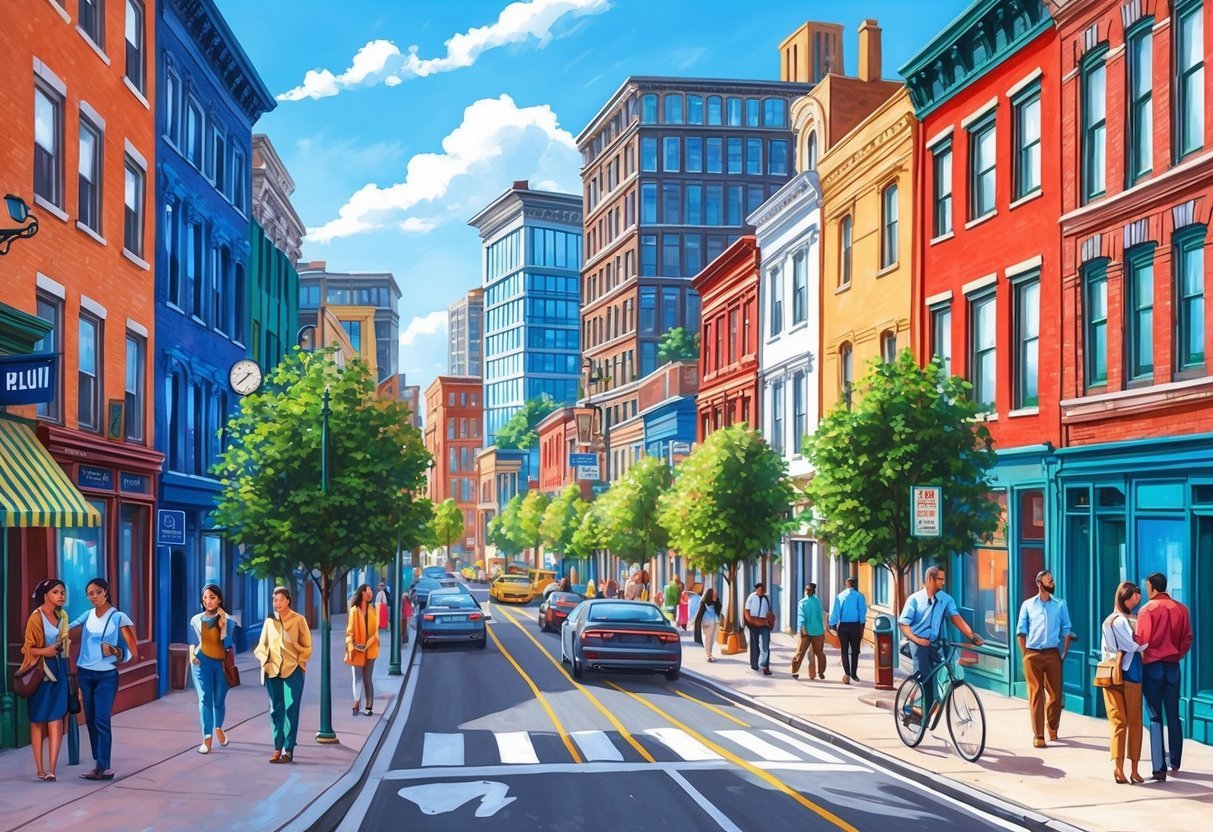 A bustling urban street with diverse buildings and people, showcasing the vibrancy and potential for under-the-radar investment opportunities