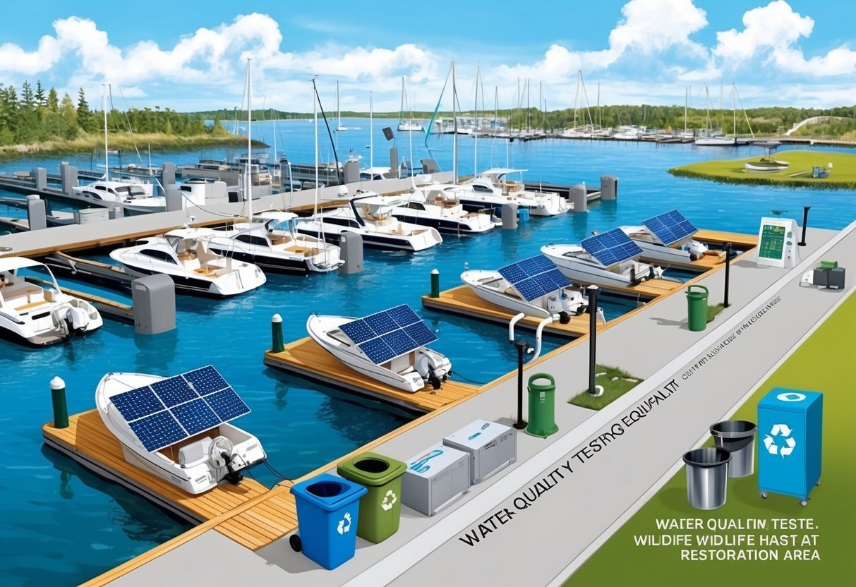 A bustling marina with boats docked, solar panels on the docks, recycling bins, water quality testing equipment, and a wildlife habitat restoration area