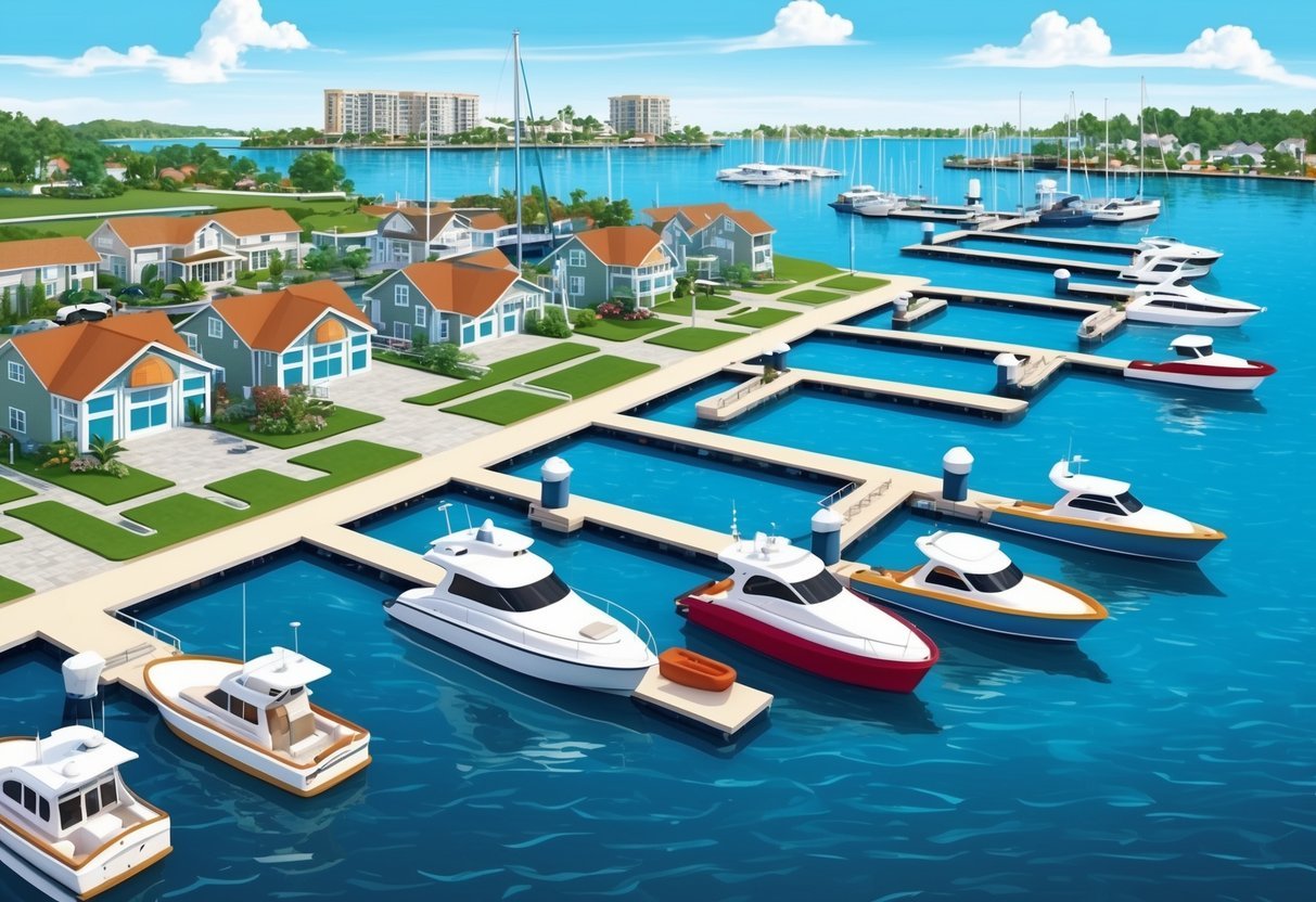 A marina with boats, docks, and surrounding waterfront property.</p><p>Visible signs of economic activity and investment potential