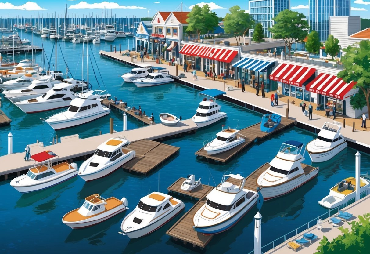 A bustling marina with boats of various sizes docked, surrounded by waterfront shops and restaurants, as investors discuss potential financial opportunities