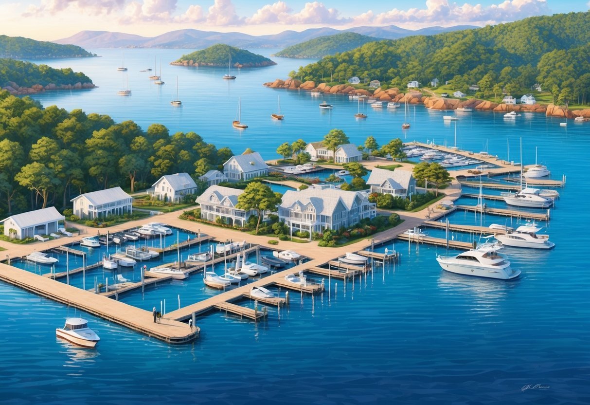 A serene marina nestled in a picturesque coastal inlet, with a variety of dock spaces and easy access for boats of all sizes