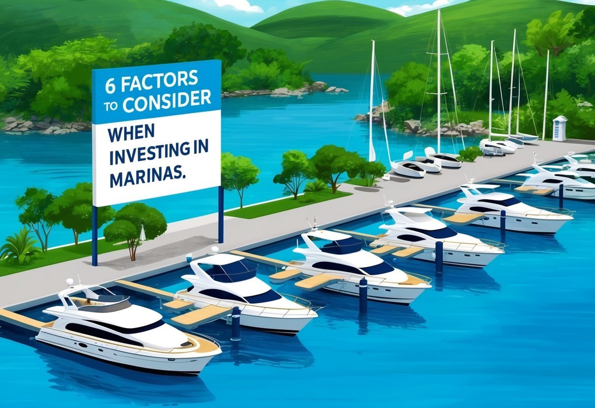 A serene marina with boats docked, surrounded by lush greenery and clear blue waters, with a sign listing "6 Factors to Consider When Investing in Marinas."