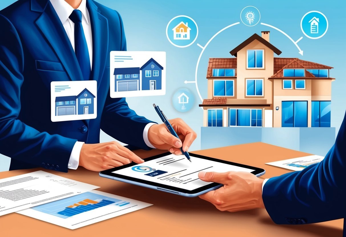 A real estate agent using a tablet to electronically sign documents with various properties and technology icons in the background