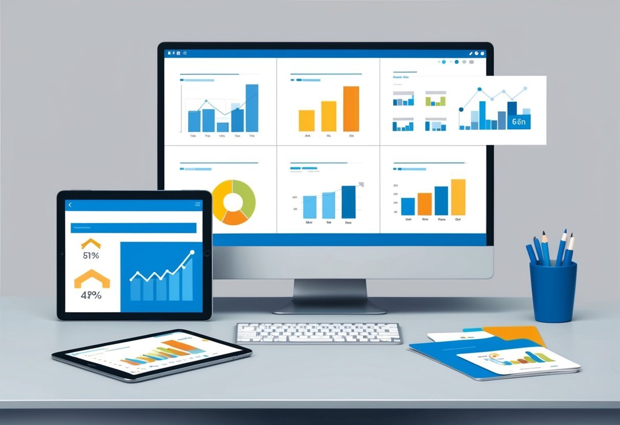 A modern office desk with a computer, tablet, smartphone, and real estate marketing materials.</p><p>Graphs and charts on the screen show social media analytics