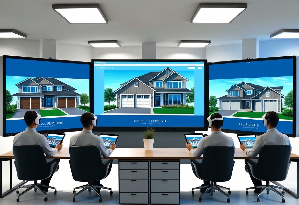 A modern real estate office with 3D property renderings displayed on large screens, agents using tablets and virtual reality headsets to showcase properties