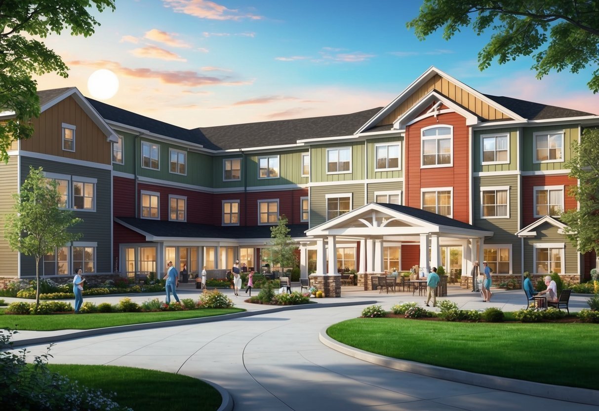 Exterior rendering of a colorful senior living facility with people walking around