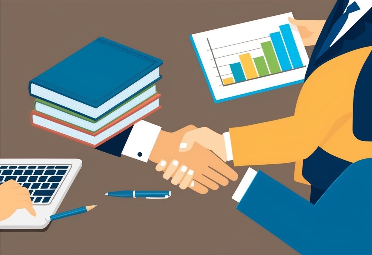 Business deal illustration: handshake, books, laptop, and a bar graph