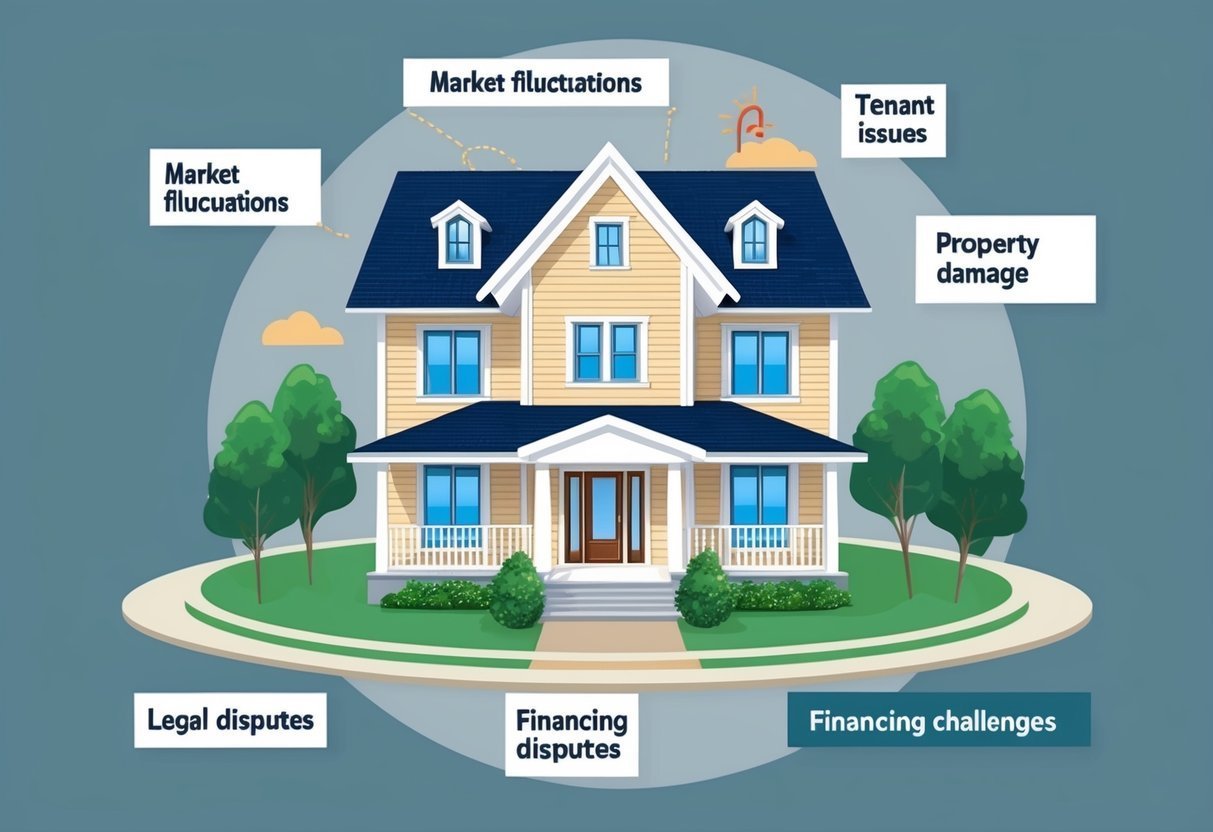 House illustration with potential real estate challenges like market fluctuations and disputes