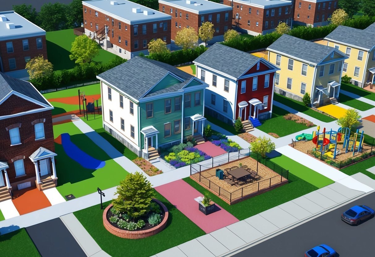 Colorful houses with playgrounds and green spaces in a planned community