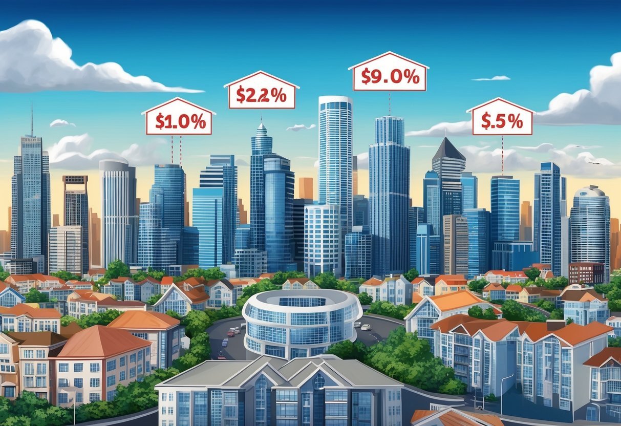 A bustling city skyline with various real estate properties, depicting fluctuations in market value and potential risks