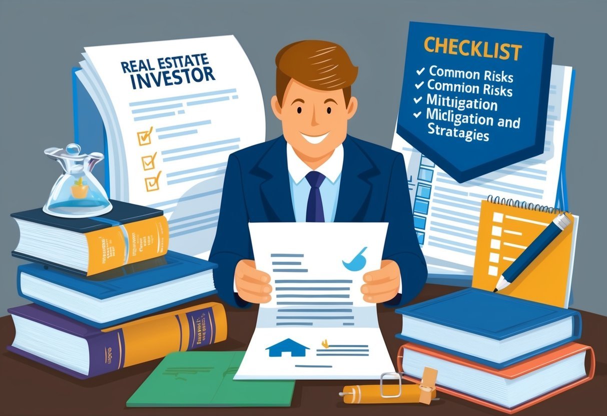 A real estate investor reviewing documents, surrounded by legal books and regulatory guidelines, with a checklist of common risks and mitigation strategies