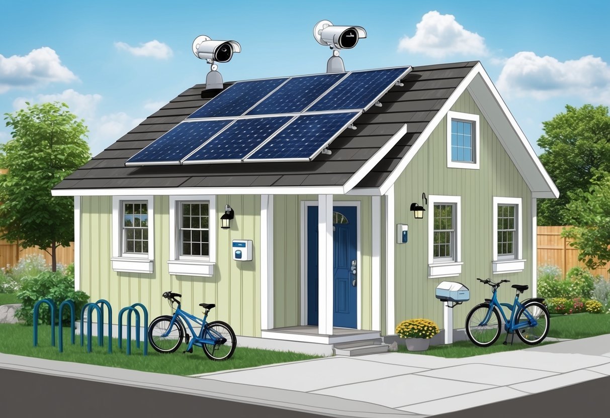 A cozy, modest home with solar panels on the roof, a smart thermostat, security cameras, and energy-efficient lighting.</p><p>A community garden and bike racks are also visible