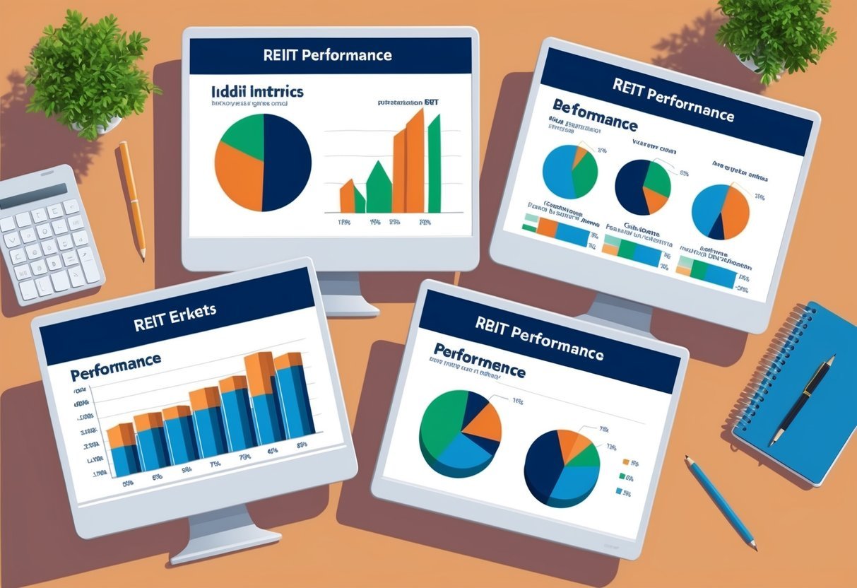 A group of four charts displaying various REIT performance metrics, surrounded by a computer, notebook, and pen