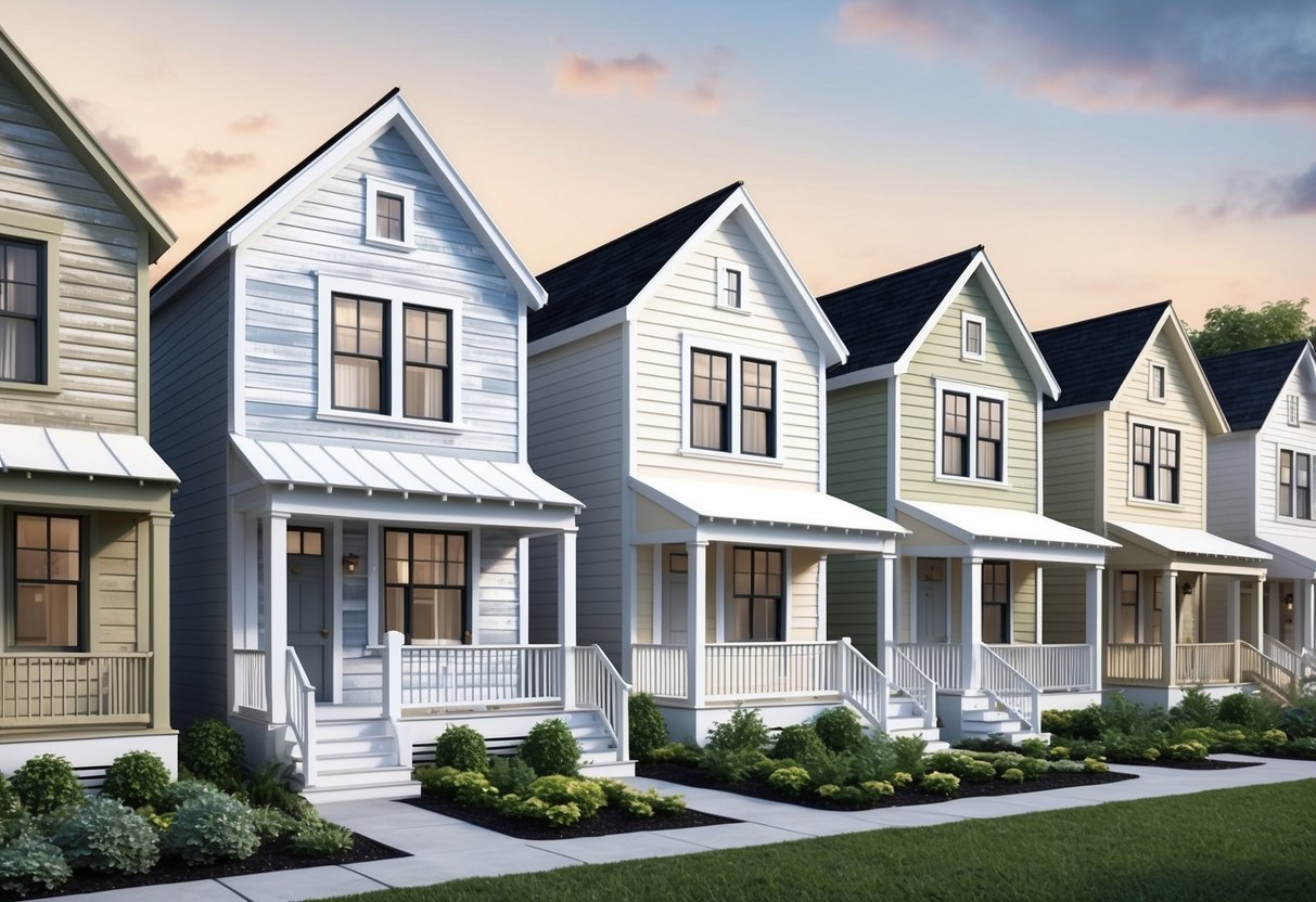 A row of small, weathered houses getting a fresh coat of paint in neutral colors, surrounded by tidy gardens and new landscaping