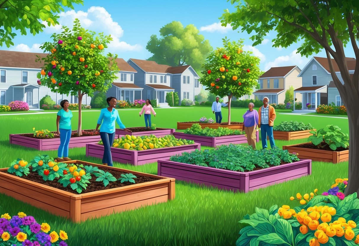 A vibrant community garden with raised beds, fruit trees, and colorful flowers nestled within a low-income neighborhood, surrounded by well-maintained homes and smiling residents