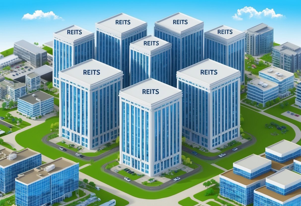 A group of buildings with "REITs" acronym on each one, surrounded by a variety of real estate properties such as office buildings, shopping centers, and apartment complexes