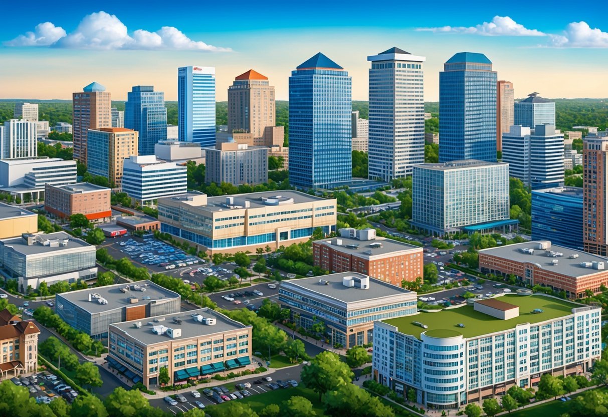 A bustling city skyline with various commercial and residential properties, including office buildings, shopping centers, and apartment complexes, surrounded by greenery and blue skies