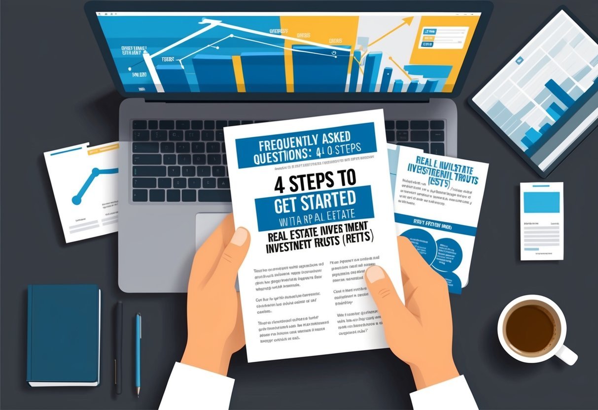 A person reading a pamphlet titled "Frequently Asked Questions: 4 Steps to Get Started with Real Estate Investment Trusts (REITs)" while sitting at a desk with a laptop and a cup of coffee