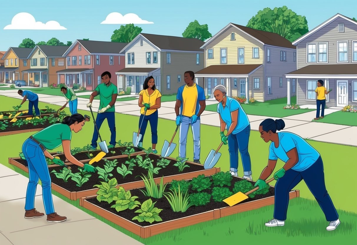 A group of diverse individuals working together to clean up and plant gardens in a neglected low-income neighborhood, bringing new life and value to the properties