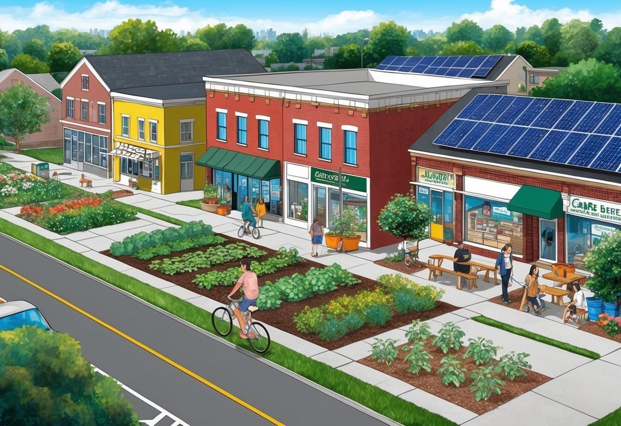 A vibrant neighborhood with community gardens, solar panels, bike lanes, and local businesses