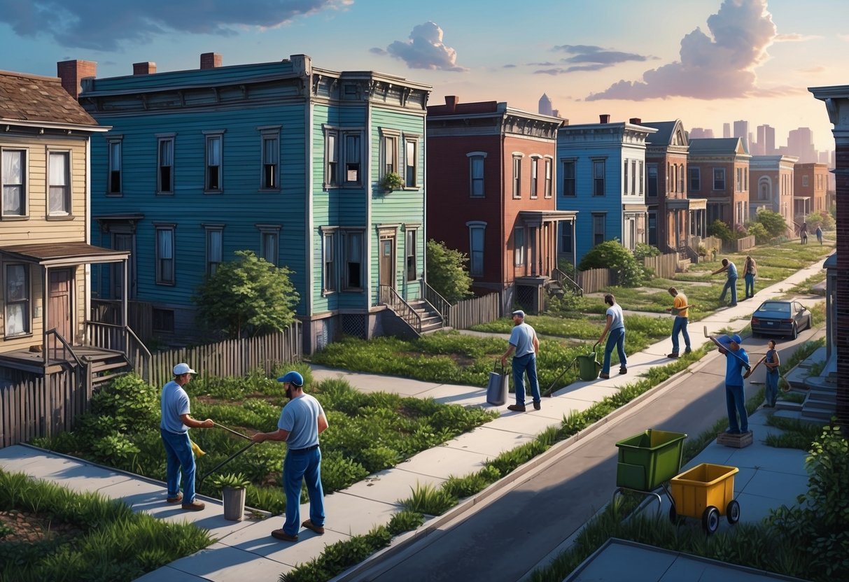 A dilapidated neighborhood with rundown buildings and overgrown lots.</p><p>A group of people working together to clean up and revitalize the area