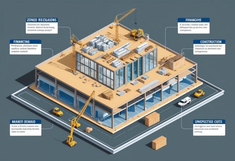Isometric view of a building under construction with cranes and materials