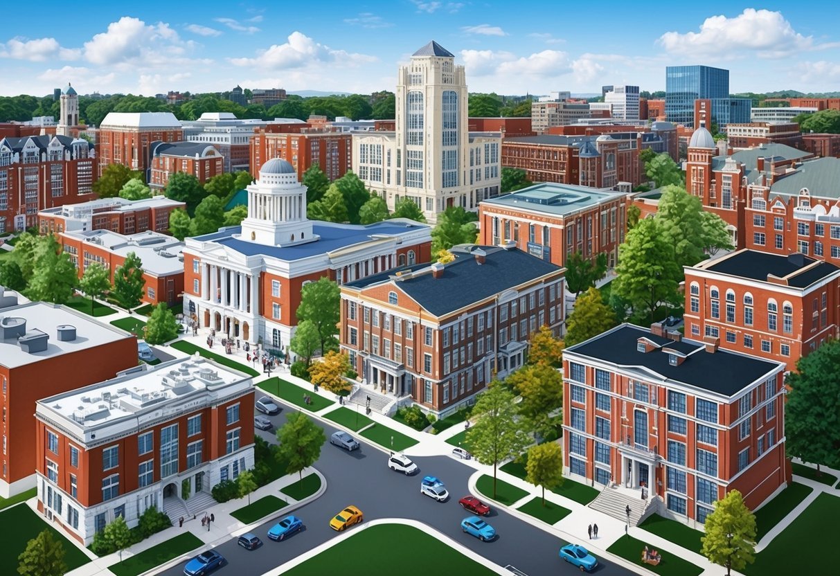 A bustling university town with iconic campus buildings, lively student-filled streets, and a mix of modern and historic real estate properties