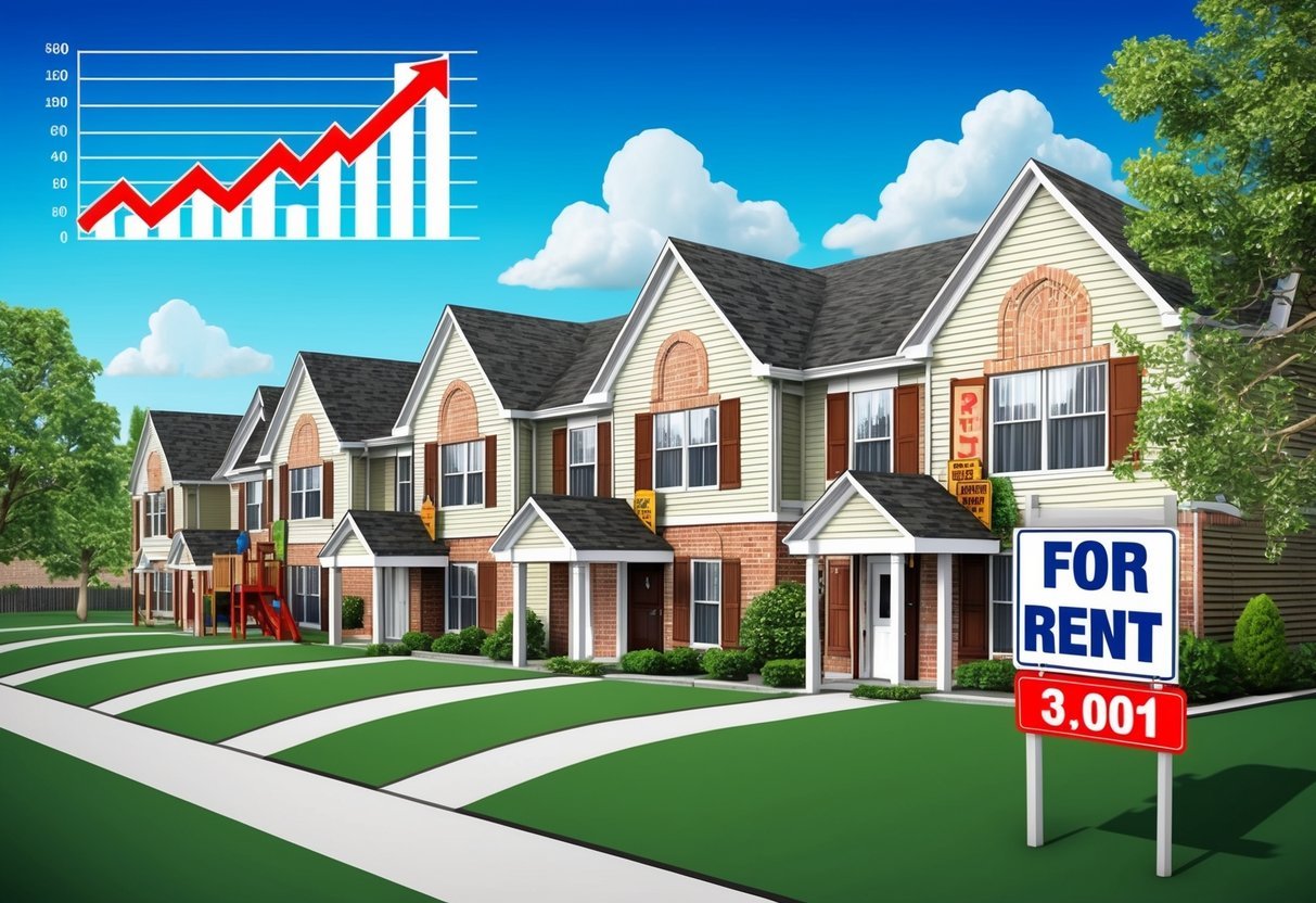 A row of suburban houses with "For Rent" signs, surrounded by trees and a playground, while a graph shows an upward trend