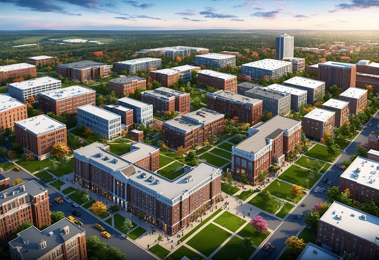 A bustling university campus surrounded by diverse real estate options, including student housing, rental properties, commercial spaces, and mixed-use developments