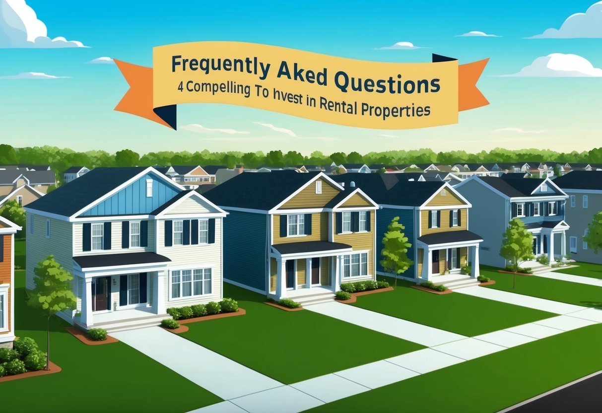 A suburban neighborhood with single-family homes, a "Frequently Asked Questions" banner, and four compelling reasons to invest in rental properties