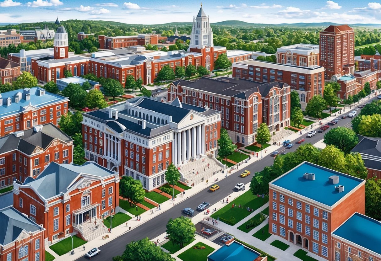 A bustling university town with iconic campus buildings, bustling student-filled streets, and a mix of historic and modern real estate properties