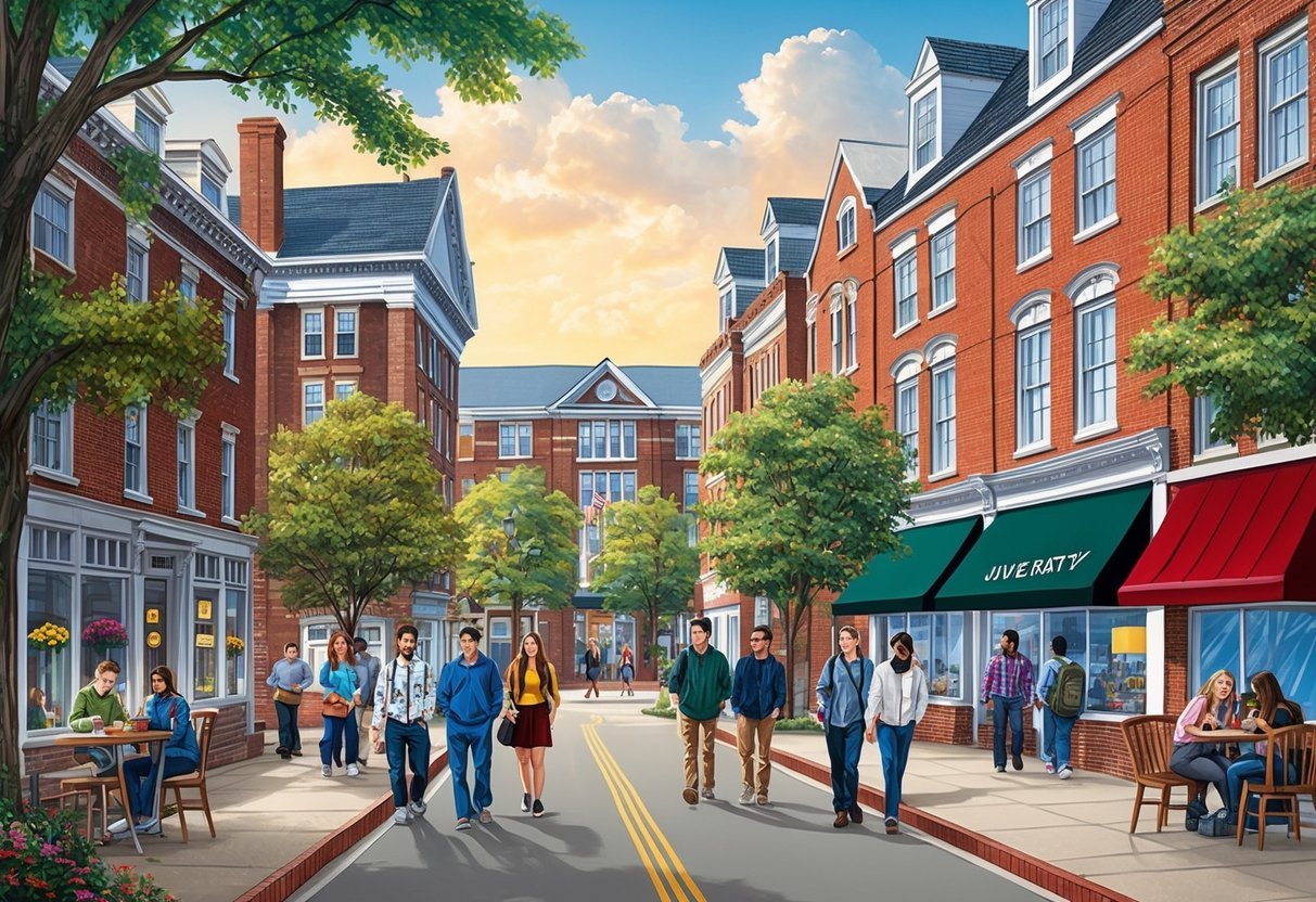 A bustling university town with historic buildings, tree-lined streets, and a mix of residential and commercial properties.</p><p>Students walking to class, local shops and restaurants bustling with activity