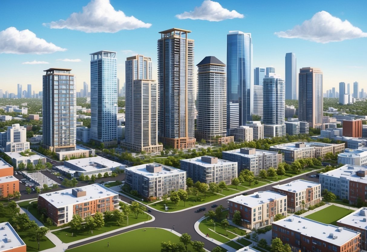 Aerial view of a modern city with tall skyscrapers and low-rise buildings