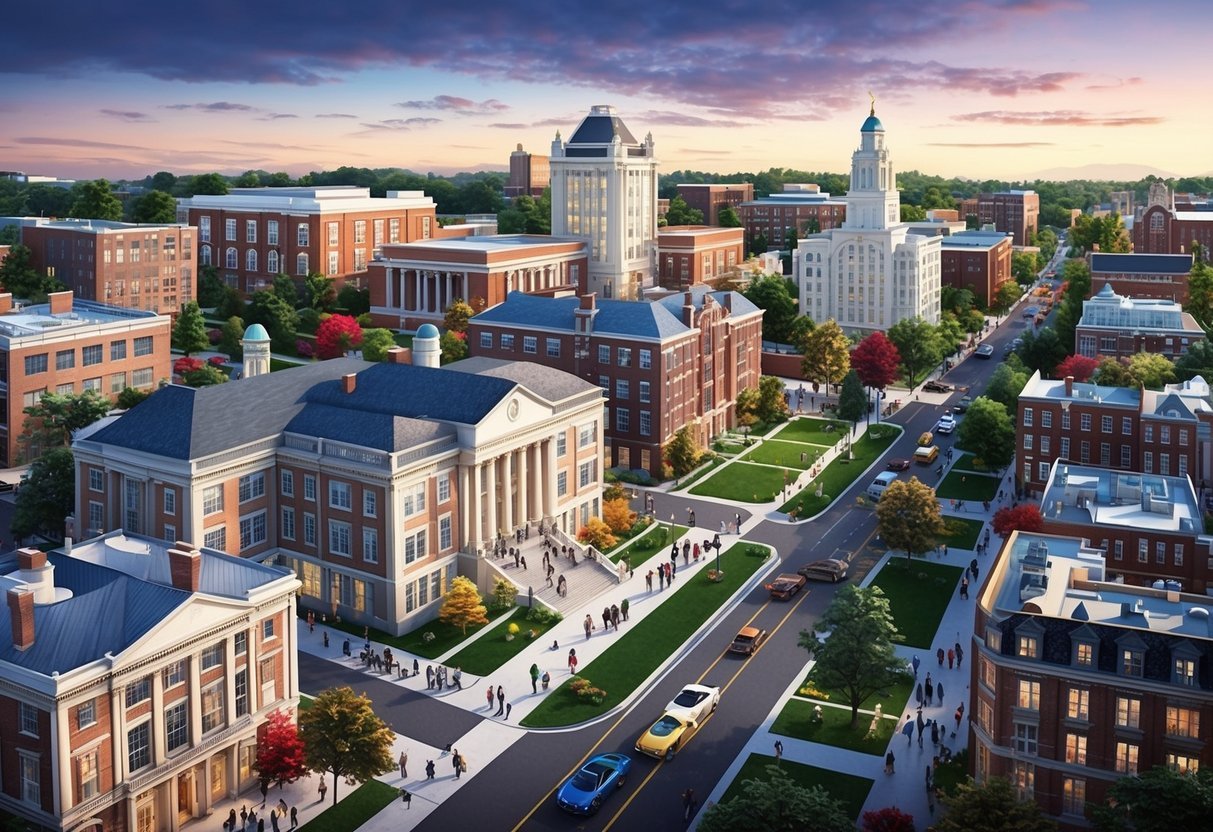 A bustling university town with iconic campus buildings, bustling student-filled streets, and a mix of historic and modern real estate developments