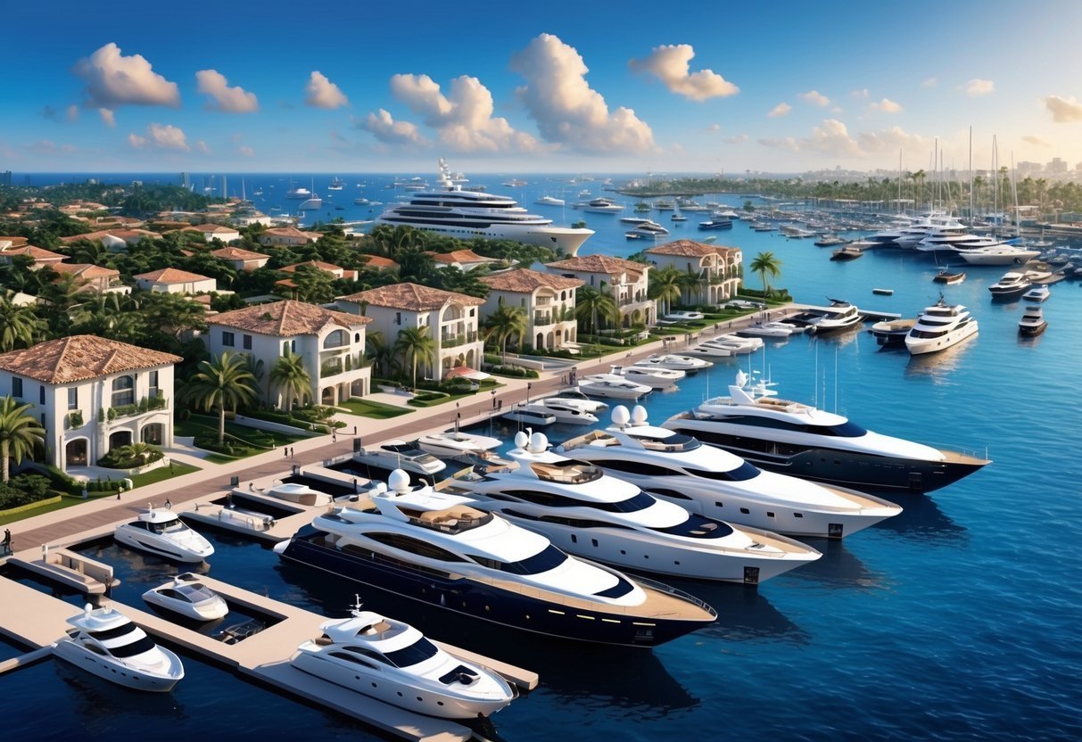 Luxury yachts docked at a marina next to waterfront houses