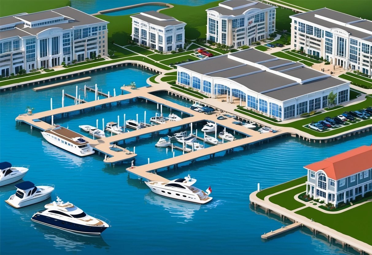 A marina with expensive docks and buildings, surrounded by water and boats, with challenges like maintenance and market fluctuations