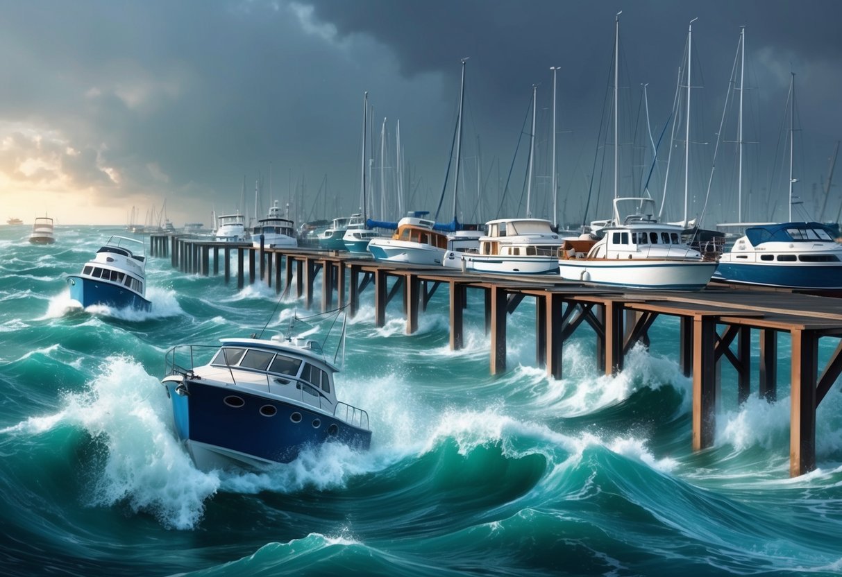 A marina with boats struggling in rough waters during a storm.</p><p>Waves crash against the docks, testing the stability of the structures