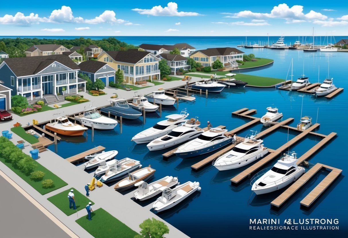 A marina with various boats docked, surrounded by waterfront properties and maintenance workers tending to the facilities