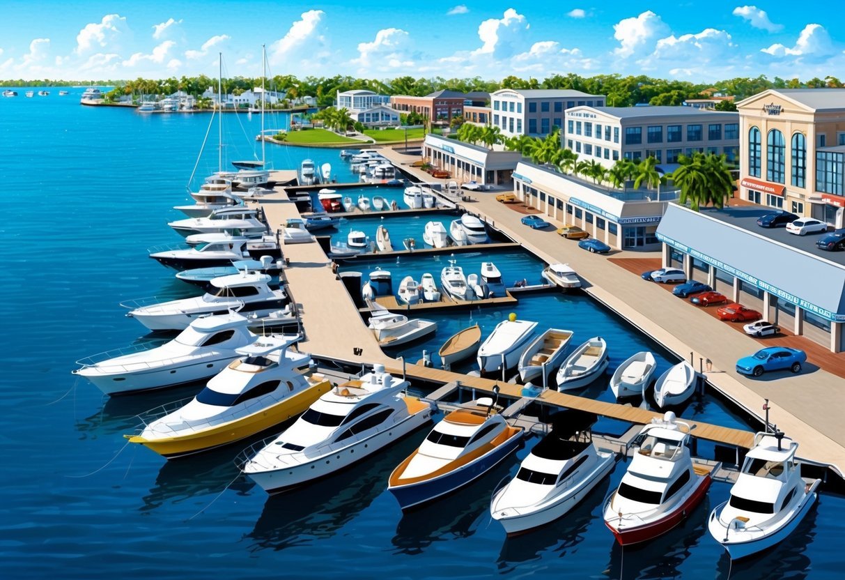 A marina with various types of boats docked, surrounded by waterfront properties and commercial buildings