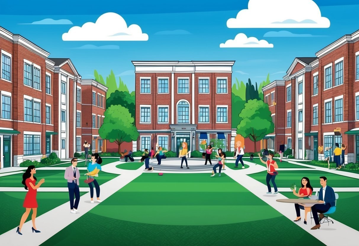 Cartoon illustration of college campus with students and buildings