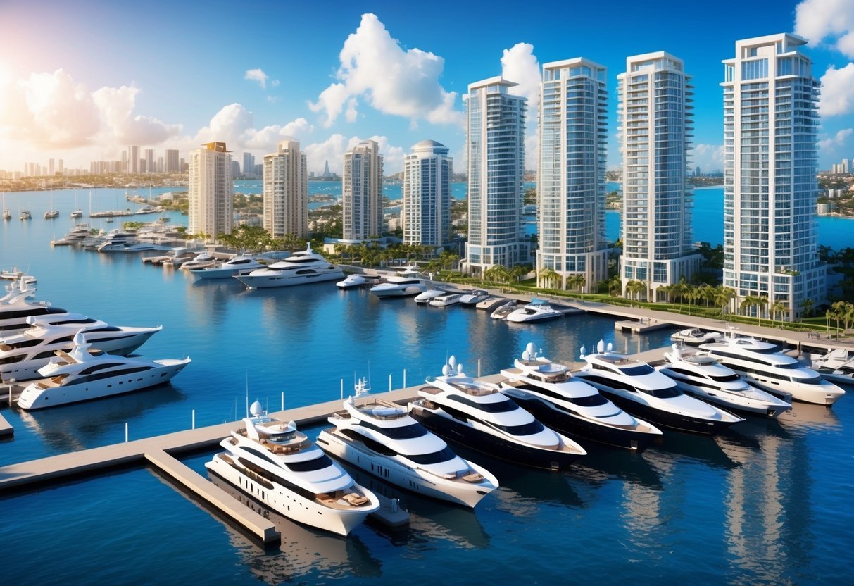A bustling marina with luxury yachts docked, surrounded by waterfront properties and high-rise buildings, showcasing the challenges of investing in marina real estate