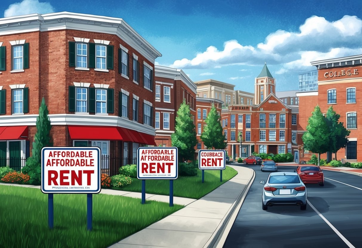 A bustling college town with well-maintained rental properties and affordable rent signs displayed