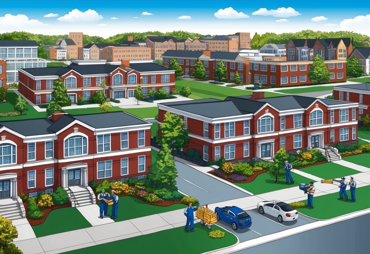 A bustling college town with well-maintained rental properties, featuring landscaping, maintenance workers, and happy tenants