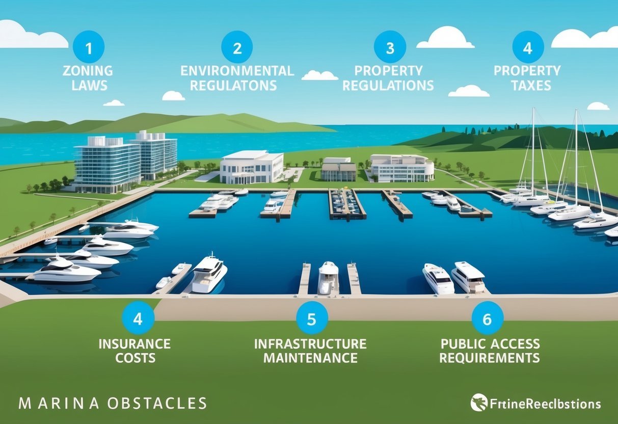A marina with six obstacles: zoning laws, environmental regulations, property taxes, insurance costs, infrastructure maintenance, and public access requirements